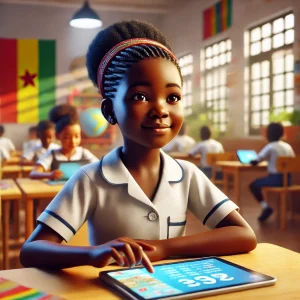 Une jeune élève de 10 ans utilisant une tablettes en classe à Dakar