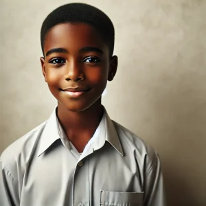 Portrait d'un élève pour un badge scolaire à Dakar, Sénégal, fond neutre