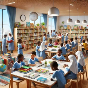 élèves du primaire travaillant ensemble sur un projet éducatif